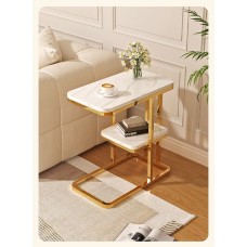 Уценка.Компактный приставной журнальный столик, 50*30*59 см, 2 яруса, белый мрамор + золото