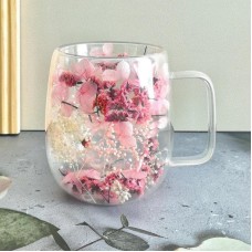 Стеклянная чашка с двойными стенками и дном, украшенная сухоцветами персиковыми, 350 мл