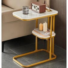 Компактный приставной журнальный столик, 50*30*59 см, 2 яруса, белый мрамор + золото