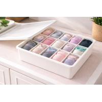 Ящик-органайзер з кришкою на 15 комірок для зберігання шкарпеток. Білий