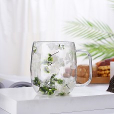 Набір скляних чашок з подвійними стінками, прикрашені білими сухоцвітами з зеленим, 2 шт*250 мл