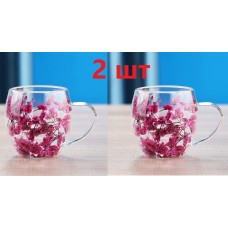 Набор стеклянных чашек с двойными стенками, украшенные сухоцветами розовыми, 250 мл