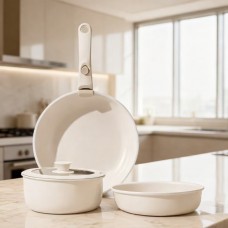 Набор антипригарной посуды из 5 предметов со съёмной ручкой, молочно-белый