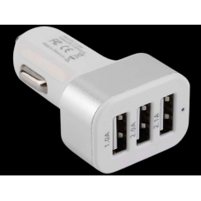 Автомобильный USB адаптер-зарядное устройство на 3 кабеля. Серебро